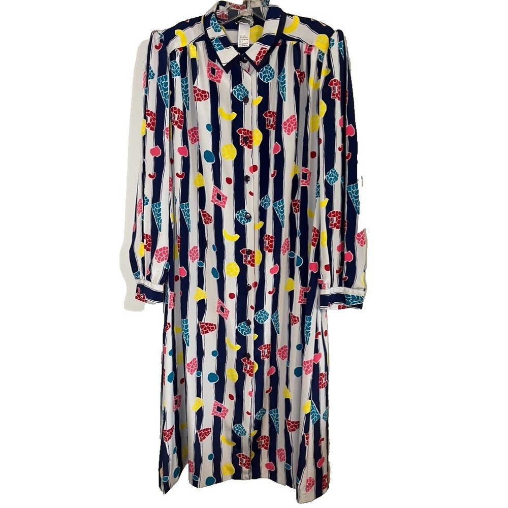 Vintage Floral Striped Shirt Dress 18 Colorful Geek Mod Retro Preppy Classic 80s